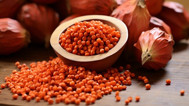 Vibrant Annatto Seeds in wooden Table with Generative AI