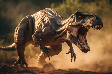 AI generated illustration of a prehistoric dinosaur in its natural habitat in the desert roaring