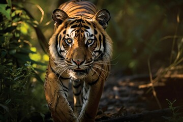 AI generated illustration of A Bengal tiger stands in the middle of a lush green forest path