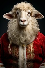 AI generated illustration of a portrait of a white sheep wearing a red robe, facing the camera