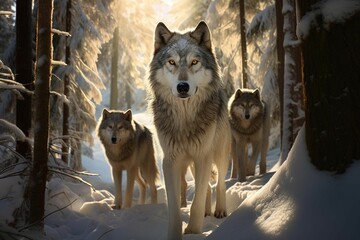 AI generated illustration of Three white wolves standing in the snow on a winter day near trees