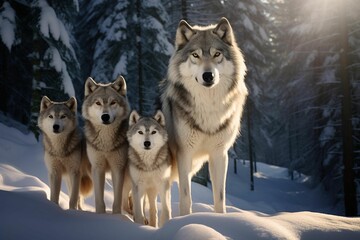 AI generated illustration of Four grey wolves standing together in a wintry snow-covered landscape