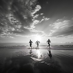 three people running in silhouette along a beach in black and white