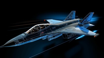 AI generated illustration of a sleek, blue and black jet against a dark backdrop - obrazy, fototapety, plakaty