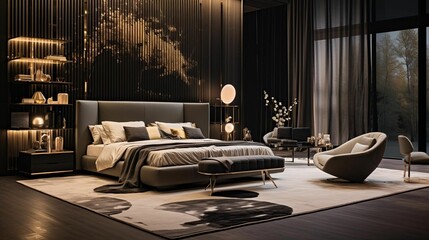 the bedroom is lit up by lighting lamps and large windows