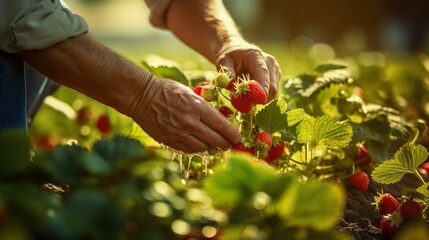 AI generated illustration of hands holding a strawberry seedling plant in the garden