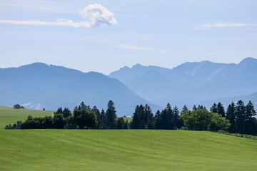 Beautiful landscapes in Bavaria - trees, green meadows and fields, Alps in the background