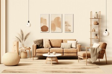 an inviting living room with neutral furniture and white walls, including a neutral sofa