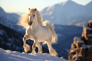 Fototapeta premium AI generated illustration of A white horse with long, flowing hair gallops across a wintry landscape