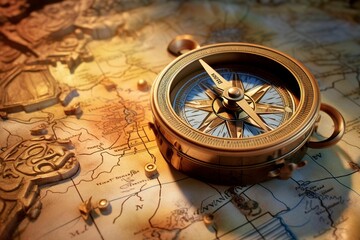 Fototapeta na wymiar AI generated illustration of a compass on an antique world map