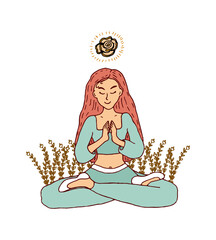 Young woman meditates in the lotus position in nature. Vector yoga doodle illustration for cards, flyers, invitations, banners, web design