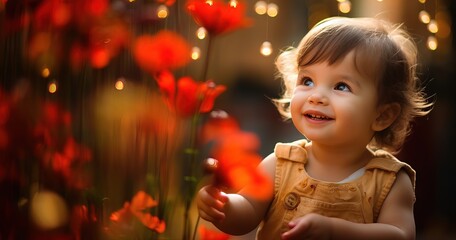  little girl, child is playing in flowers with an orange flower