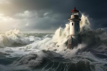 Naklejka na ściany i meble AI generated illustration of a picturesque lighthouse overlooking turbulent waves in an overcast sky