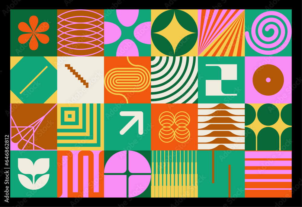 Poster neo geometric pattern with modern abstract elements, vector isolated shapes, mosaic background