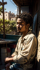 Man posing in a traditional settlement.
