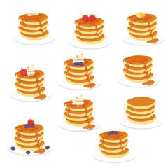 Ten sets of tasty pancakes with different toppings