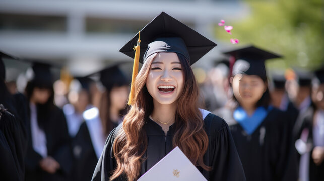 Happy smiling graduating student girl in an academic gown standing in front of other alumni
