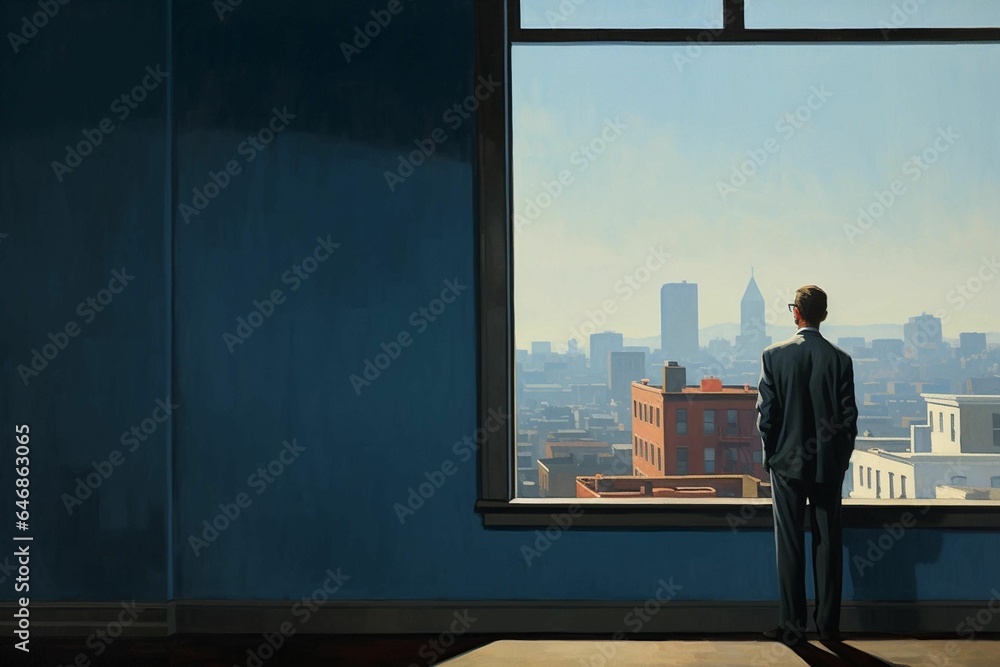 Wall mural ai generated illustration of a man looking out a window with a view of the city skyline