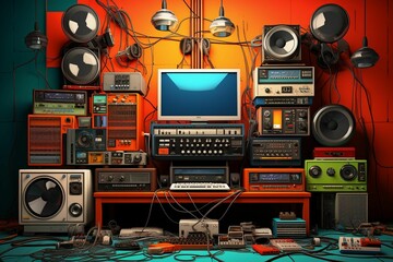 Fototapeta premium AI generated illustration of an eclectic wall display showcasing a variety of vintage items
