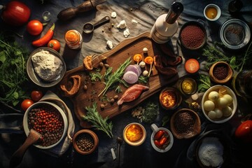 AI generated illustration of an assortment of fresh vegetables on a wooden cutting board