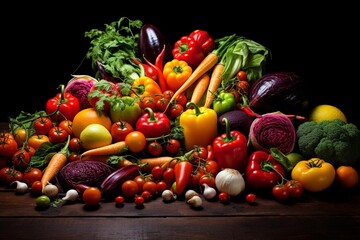 AI generated illustration of a vibrant display of fresh vegetables isolated on a black background
