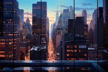 AI generated illustration of a bustling cityscape from the window of a tall building