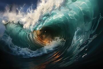 Awe-inspiring power of massive tsunami waves crashing in the ocean - obrazy, fototapety, plakaty