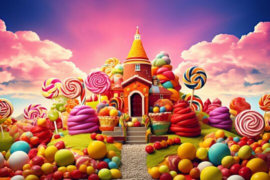 AI generated illustration of a vibrant candy-themed scene featuring a large multi-colored house