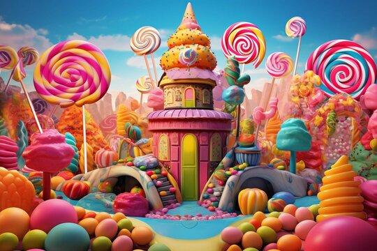 AI generated illustration of a vibrant candy-themed scene featuring a large multi-colored house