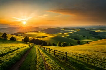A panorama of the Romanian countryside at sunset in the evening light during springtime is a breathtaking sight generated AI