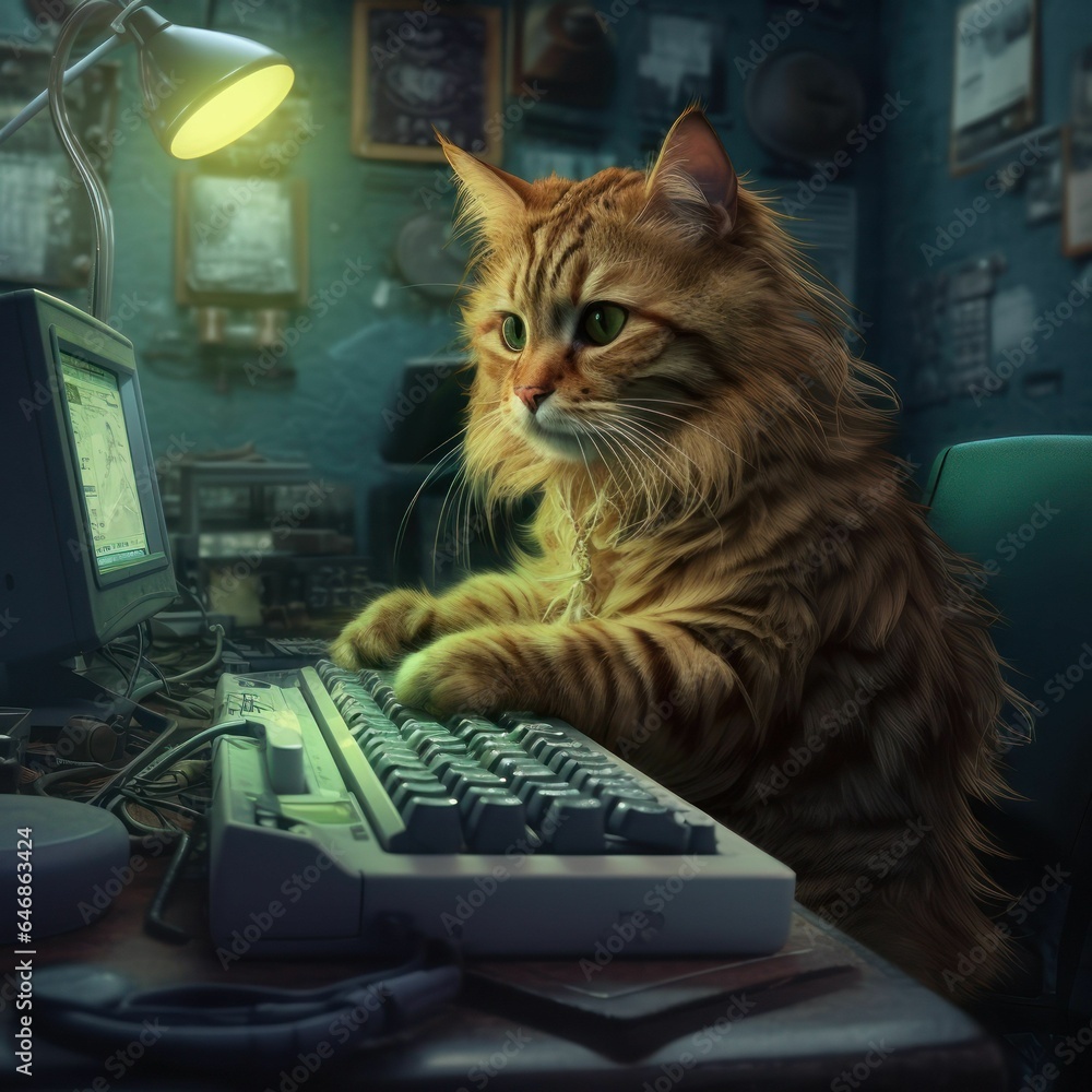 Poster tabby cat typing on a keyboard in front of an old computer screen, ai-generated.