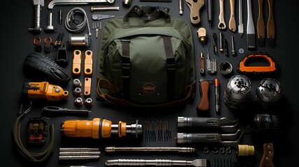 many different tools are laid out in the dark table top view