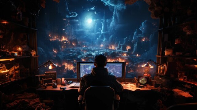 AI generated illustration of a man sitting at a computer desk, overlooking a barren cave