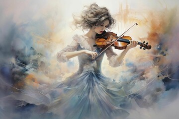 Fototapeta premium AI generated illustration of a woman playing a violin in watercolor style painting