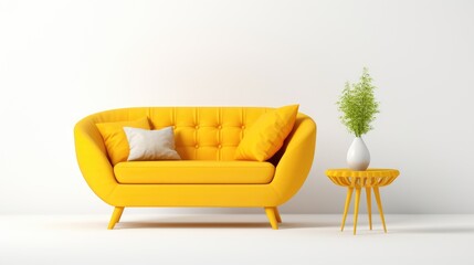 Interior of living room modern style with yellow sofa and houseplant on white - obrazy, fototapety, plakaty