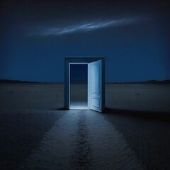 AI generated illustration of a door in a desert inviting viewers to explore the unknown