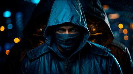 Hacker in a blue raincoat and mask looks at the camera
