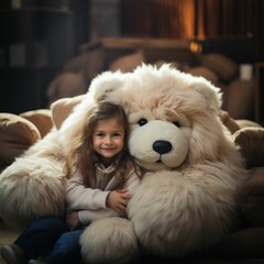 AI generated illustration of a young girl cuddling with a large fluffy stuffed bear