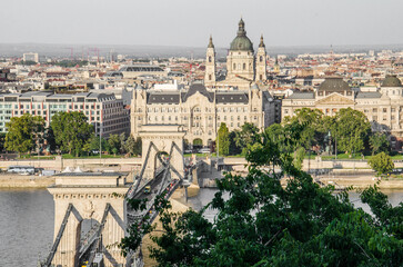 Fototapeta na wymiar Budapest, Hungary, August 13, 2023. Panorama of Pest and Chain Bridge from Buda Castle. 