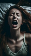 Female lies in a dark bedroom moaning with her mouth agape. Ai generated