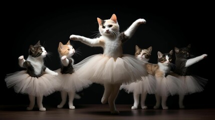 a group of cats are standing in a row wearing ballet shoes