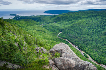 Fototapeta na wymiar Wonderful view over the valley from Franey trail on a nice summer day, Highlands, national park, Cape Breton island, Nova Scotia, Canada