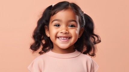 A joyful multicultural toddler girl smiling at the camera, dressed in neutral colors, against a beige-pink backdrop. Generative AI
