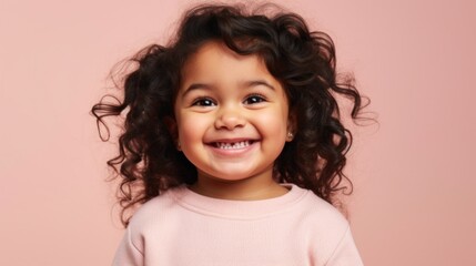 Naklejka premium A joyful multicultural toddler girl smiling at the camera, dressed in neutral colors, against a beige-pink backdrop. Generative AI