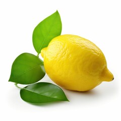 a ripe lemon with green leaves on it's side