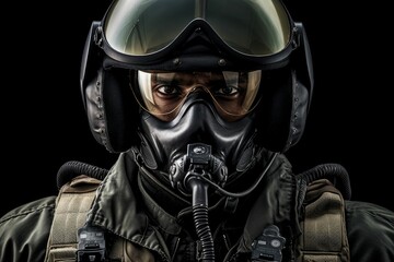 Young male in military uniform and aviator goggles stands in a studio setting, AI-generated.