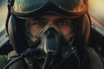 Fototapeta na wymiar Mature male sitting in the cockpit of a military jet, wearing an oxygen mask, AI-generated.