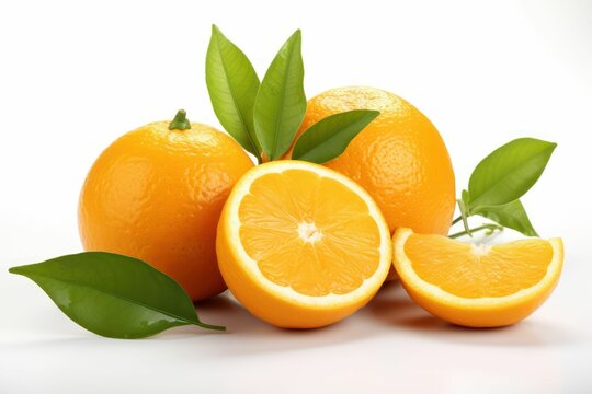 AI-generated illustration of three freshly cut oranges arranged in a group on a white backdrop
