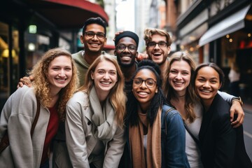 Group of Multi-ethnics college students friends at the downtown street. Photography of friendship in urban street in town background.