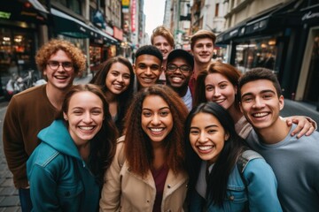 Obraz premium Group of Multi-ethnics college students friends at the downtown street. Photography of friendship in urban street in town background.